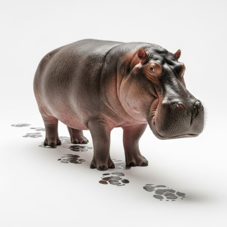 A detailed sculpture of a hippopotamus is showcased, leaving behind a trail of paw prints on a pure white background.の素材