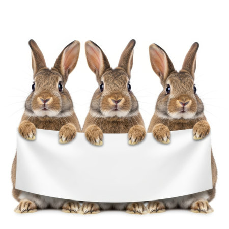 Three fluffy brown rabbits are positioned together, holding a blank white banner. The image is isolated on a clean white background.の素材