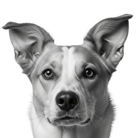 A black and white image showcasing the face of a dog with large, alert ears, presented cleanly on a white background.の素材