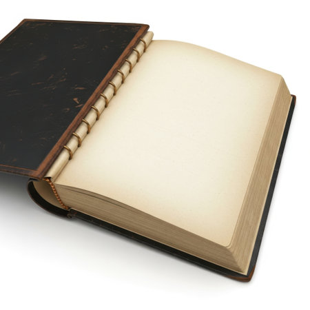 A vintage book with a dark cover and yellowed pages is presented isolated on a clean white background.の素材