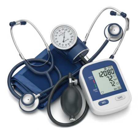 A collection of medical diagnostic equipment including a stethoscope and a digital blood pressure monitor, presented isolated on a white background.の素材