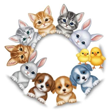 A charming circular arrangement of cute baby animals including kittens puppies bunnies and chicks presented on a clean white background.の素材