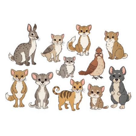 A charming arrangement of various cartoon animals such as cats dogs rabbits and birds presented on a clean white background.の素材