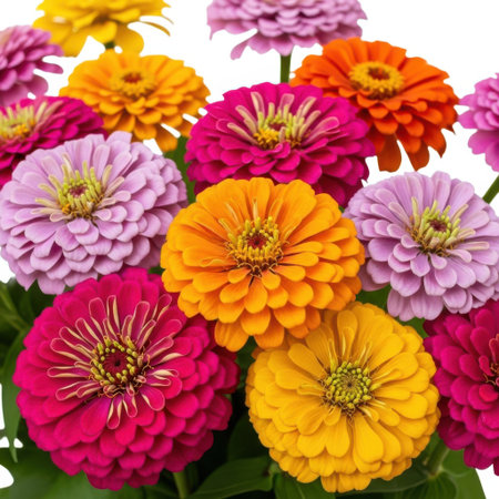 A vibrant assortment of colorful zinnia flowers, showcasing diverse petals and hues, perfect for naturalistic or decorative concepts without any human presence. This image evokes outdoor beauty.の素材