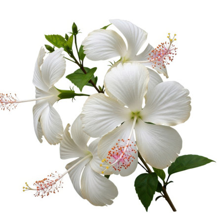 A beautiful white hibiscus flower with delicate petals and green leaves, isolated and presented on a clean white background for versatile design use.の素材