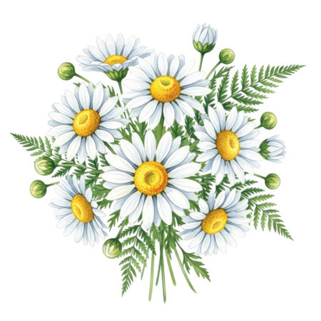 A vibrant bouquet of fresh daisies and lush green fern leaves, meticulously arranged to showcase their natural beauty and delicate form.の素材