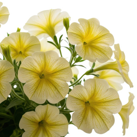 Close-up view of delicate yellow petunia flowers in full bloom, showcasing their vibrant color and intricate details against a clean backdrop. Ideal for floral themes and garden inspiration.の素材