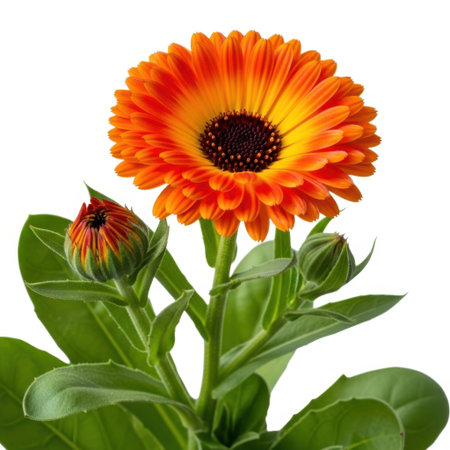 A vibrant orange marigold flower and its buds are showcased in close detail, highlighting their intricate petals and green foliage, isolated on a pure white backdrop.の素材
