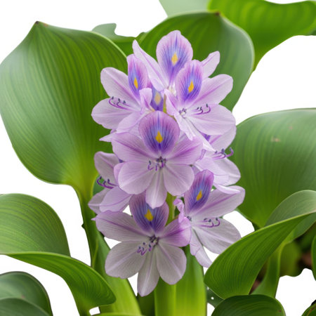A close-up, detailed view of a vibrant purple water hyacinth flower blooming amidst lush green leaves, showcasing its delicate petals and natural beauty. Perfect for nature and botanical themes.の素材
