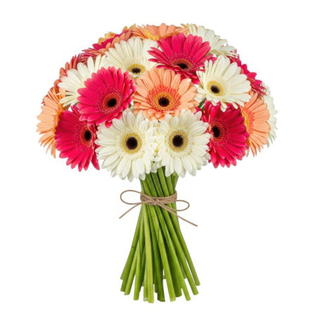 A vibrant bouquet of gerbera daisies in various colors, including pink, orange, and white, tied with twine on a white background. This arrangement offers a fresh and natural beauty.の素材