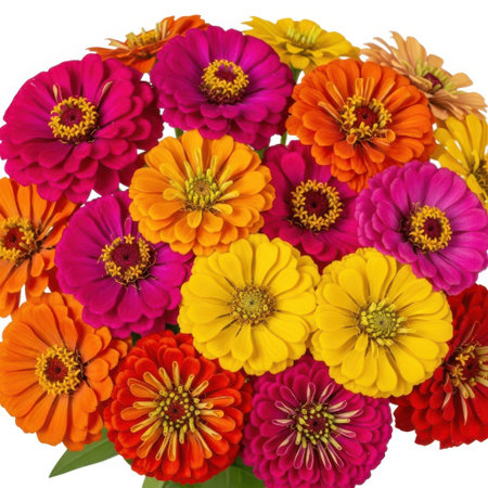 A close-up, vibrant arrangement of colorful zinnia flowers. The image showcases a variety of bright pink, orange, yellow, and red petals, creating a beautiful natural display.の素材