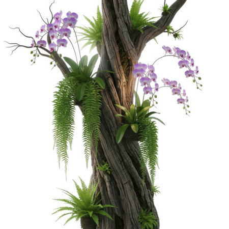 A detailed close-up of a twisted tree trunk adorned with vibrant green foliage and delicate purple flowers, evoking a sense of natural beauty and organic growth. Perfect for botanical illustrations.の素材