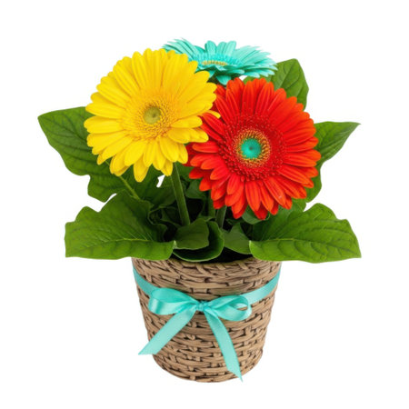 A vibrant pot of colorful gerbera daisies with green leaves, tied with a turquoise ribbon, presented indoors on a clean white surface.の素材