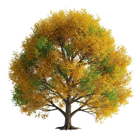 A beautifully rendered deciduous tree in its full autumn glory, showcasing a vibrant palette of yellow, orange, and green leaves, isolated against a clean backdrop.の素材