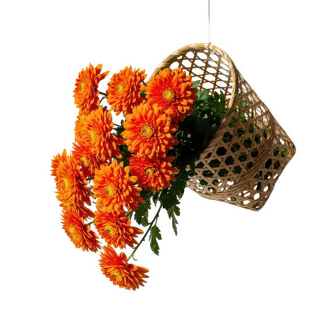 A vibrant bunch of orange chrysanthemum flowers is presented in a textured woven holder, casting subtle shadows against a clean, bright surface. Ideal for seasonal decor.の素材