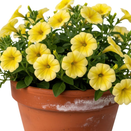 A close-up, vibrant image of bright yellow petunia flowers in a weathered terra cotta pot, showcasing natural outdoor growth with no people present. Ideal for gardening and floral themes.の素材