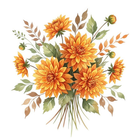 A vibrant, watercolor-style floral arrangement featuring numerous orange dahlia blooms and delicate foliage, presented in a simple, clean composition ideal for decorative use.の素材