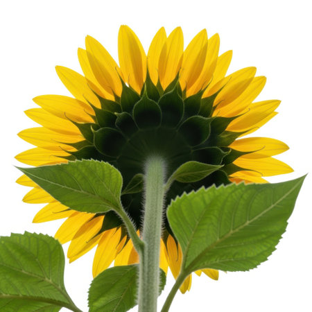 A close-up view of a sunflower's stalk and leaves, showcasing its vibrant green foliage against a clean, bright backdrop. The image focuses on the plant's natural form and texture.の素材