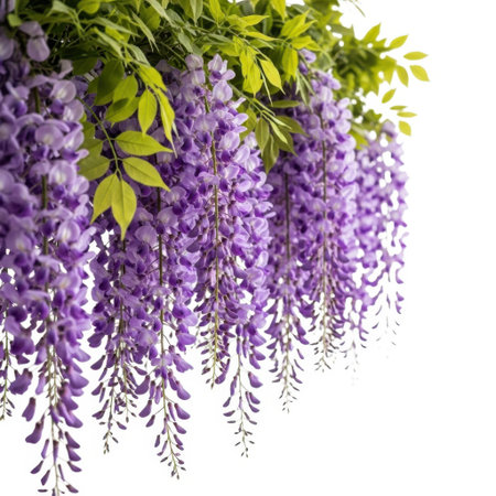 A beautiful arrangement of cascading purple wisteria flowers, showcasing their delicate blooms and lush green foliage, perfect for indoor decoration or as a natural element.の素材