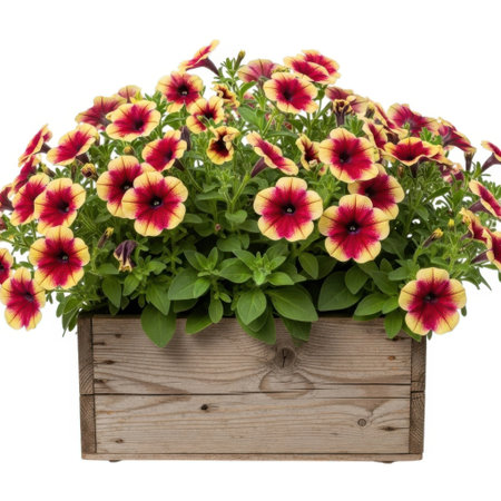 A vibrant display of petunia flowers spilling from a rustic wooden box, showcasing their colorful blooms and lush green foliage in a natural setting, perfect for garden decor.の素材