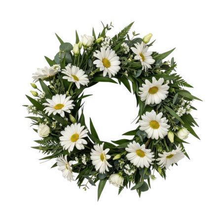 A beautiful outdoor floral wreath, carefully arranged with various white flowers and lush greenery, presented without people, ideal for decorative or memorial purposes.の素材