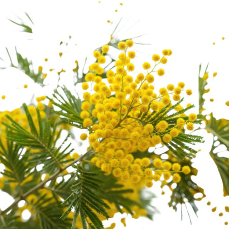 A close-up view of bright yellow mimosa flowers with green foliage, set against a clean white background, highlighting the delicate beauty of nature.の素材