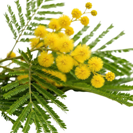 A vibrant cluster of yellow mimosa flowers and green foliage, presented in a clean, isolated composition. The image captures the delicate beauty and fresh essence of spring blooms, perfect for natural and floral themes.の素材
