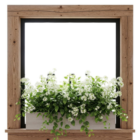 A charming rustic window frame showcases a lush green planter box overflowing with vibrant foliage, creating a beautiful indoor-outdoor ambiance without any people present.の素材
