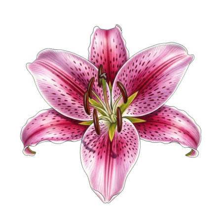 A beautiful, detailed illustration of a single pink lily flower with delicate purple spots, isolated on a clean surface. This image captures the natural elegance and vibrant color of the bloom.の素材