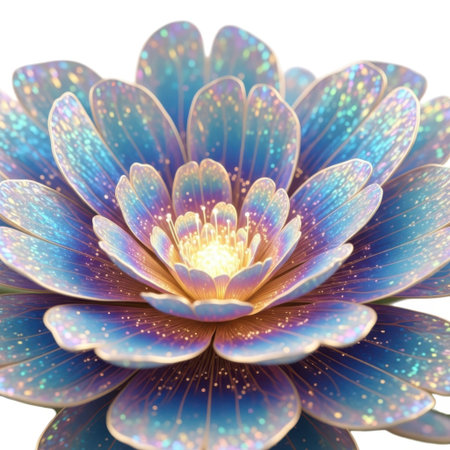 A close-up, high-angle view of a striking, multi-petaled abstract flower in vibrant hues of blue, purple, and pink, showcasing intricate textures and a glowing center, isolated on a plain White background.の素材