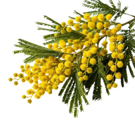 A close-up view of vibrant yellow mimosa flowers and green foliage, presented with a clean, bright aesthetic ideal for various design applications.の素材