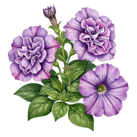 A detailed watercolor illustration of three vibrant purple petunia flowers with lush green foliage, showcasing natural beauty and outdoor elements on a clean surface.の素材