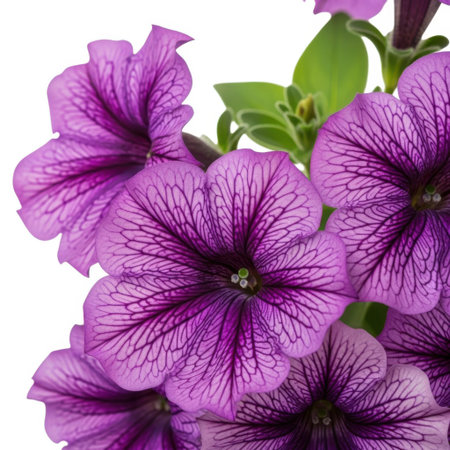 A detailed, vibrant close-up of purple petunia flowers, showcasing their delicate petals and intricate patterns, isolated against a clean White background for a striking botanical study.の素材