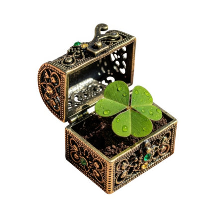 A delicate, ornate treasure chest holds a vibrant green four-leaf clover, symbolizing luck and growth, presented in a clean, uncluttered display for a clear visual.の素材