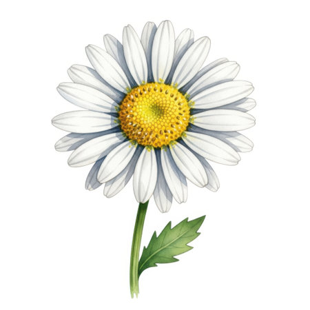 A detailed watercolor illustration of a single white daisy flower, showcasing its delicate petals, vibrant yellow center, green stem, and a leaf, presented clearly on a neutral backdrop.の素材
