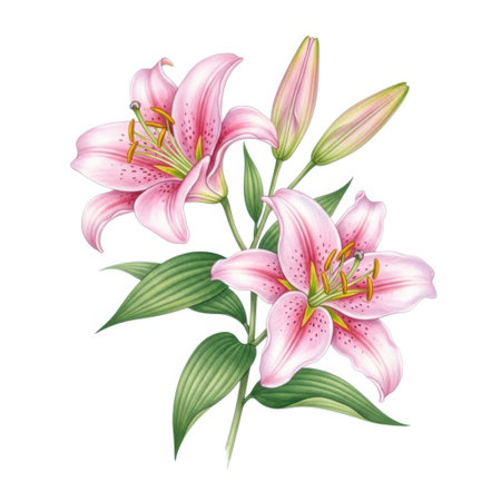 A delicate illustration of blooming pink lilies with green leaves and buds, showcasing their natural beauty and elegance. This artwork captures the essence of springtime flora.の素材