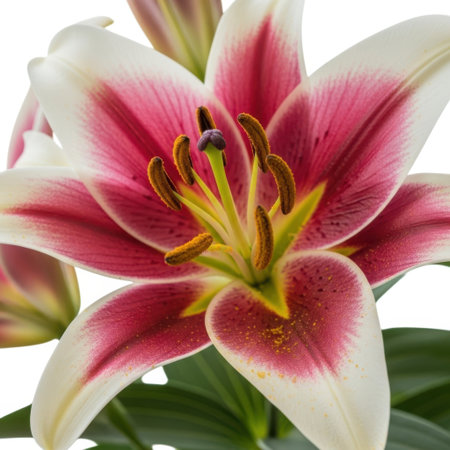 A stunning close-up of a vibrant lily flower, showcasing its delicate pink and white petals with yellow accents, creating an elegant display of natural beauty.の素材