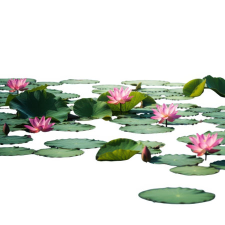 A serene pond scene showcasing numerous pink lotus flowers and pads floating on the calm water, bathed in soft, natural light, conveying peace and natural beauty.の素材