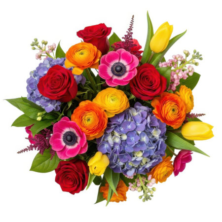 A stunning and colorful assortment of fresh flowers, including roses, tulips, and hydrangeas, artfully arranged to create a visually appealing display of natural beauty.の素材