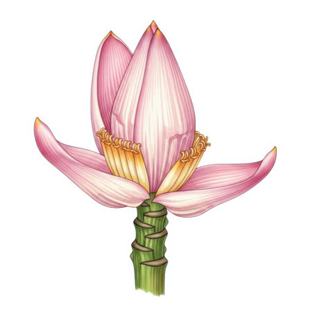 A detailed watercolor illustration of a pink lotus bud with visible green stem. Isolated on a pure white backdrop, highlighting its delicate structure and vibrant color.の素材