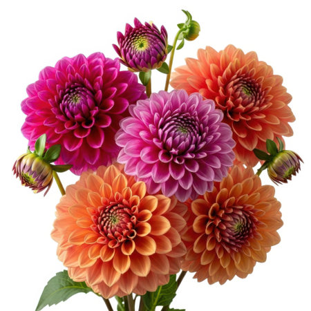 A vibrant collection of colorful dahlia flowers, showcasing a variety of pink, orange, and purple hues. This image highlights the intricate beauty and natural charm of these blooms, perfect for floral decor and nature-themed content.の素材
