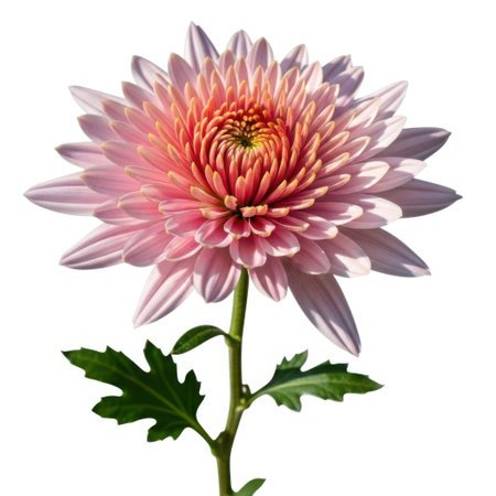 A single vibrant pink aster flower with delicate petals and green leaves is presented isolated on a pure white backdrop, showcasing its natural beauty and intricate detail.の素材