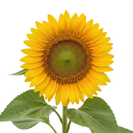 A vibrant, single sunflower in full bloom, showcasing its sunny yellow petals and intricate center, with lush green leaves and stem, isolated on a clean White background.の素材
