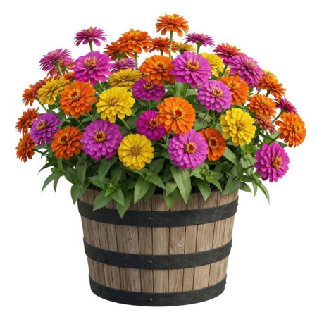 A lush planter overflowing with a vibrant mix of colorful zinnias. This outdoor floral arrangement brings a burst of natural beauty and seasonal charm to any setting.の素材