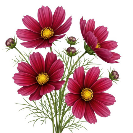 A cluster of deep pink cosmos flowers with yellow centers and green leaves and buds against a clean, plain backdrop. Ideal for floral design and nature-themed projects.の素材