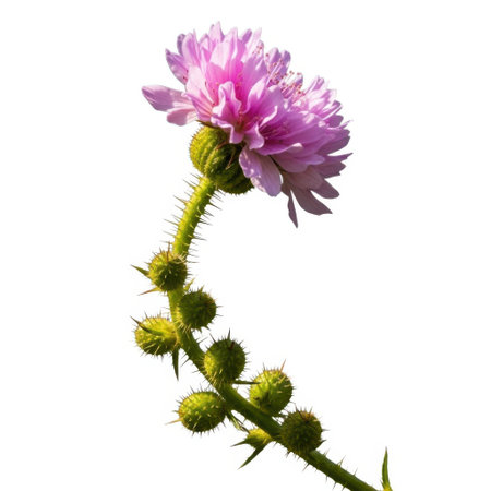A vibrant pink flower with a spiky stem and buds is showcased against a plain backdrop, highlighting its natural beauty and intricate details for design or educational purposes.の素材
