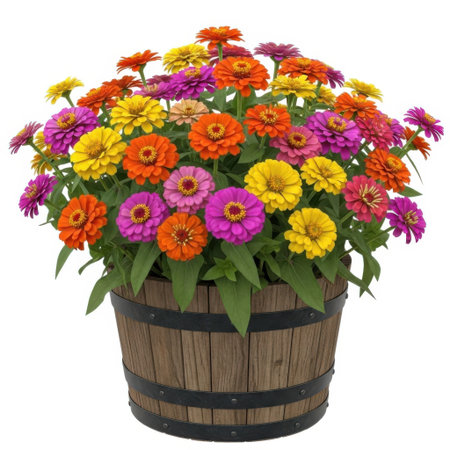 A vibrant assortment of colorful zinnias bursts forth from a rustic wooden barrel planter, creating a lively display of nature's beauty and adding a touch of outdoor charm.の素材
