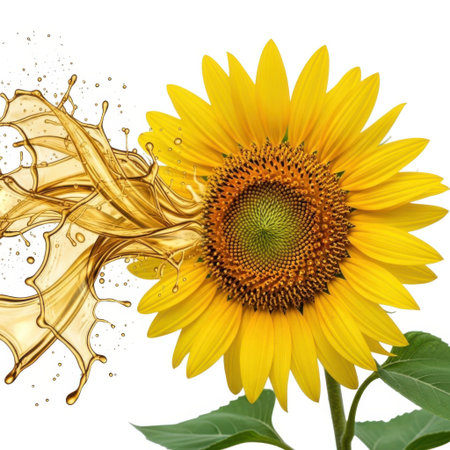A vibrant sunflower bursts with golden oil droplets, symbolizing natural freshness and botanical essence, isolated on a clean, bright background for diverse design applications.の素材