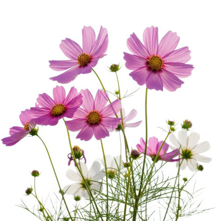 A delicate cluster of pink cosmos flowers, showcasing their vibrant petals and intricate centers against a clean, bright backdrop. This image highlights the natural beauty of blooming flora, ideal for design and decoration.の素材