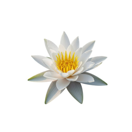 A solitary white water lily unfurls its petals, showcasing its vibrant yellow center amidst lush green lily pads. This image captures the serene beauty of aquatic flora.の素材